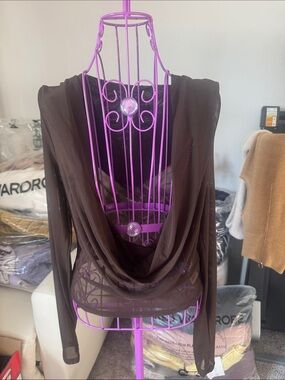 Sumwon brown sheer Cropped top with hood expression brown unlined